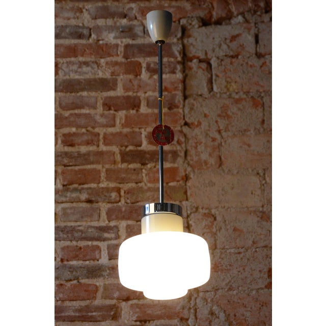 Mid-Century Czech Chrome and Opaline Glass Pendant Light attributed to Lidokov, 1960s For Sale - Image 11 of 12