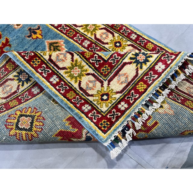 Blue and Burgundy Kazak Wool Runner Rug, Tribal Hallway Rug, 2'9" X 13'1" For Sale - Image 12 of 15