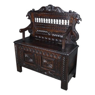 Neo-Gothic Style Storage Bench in Oak For Sale