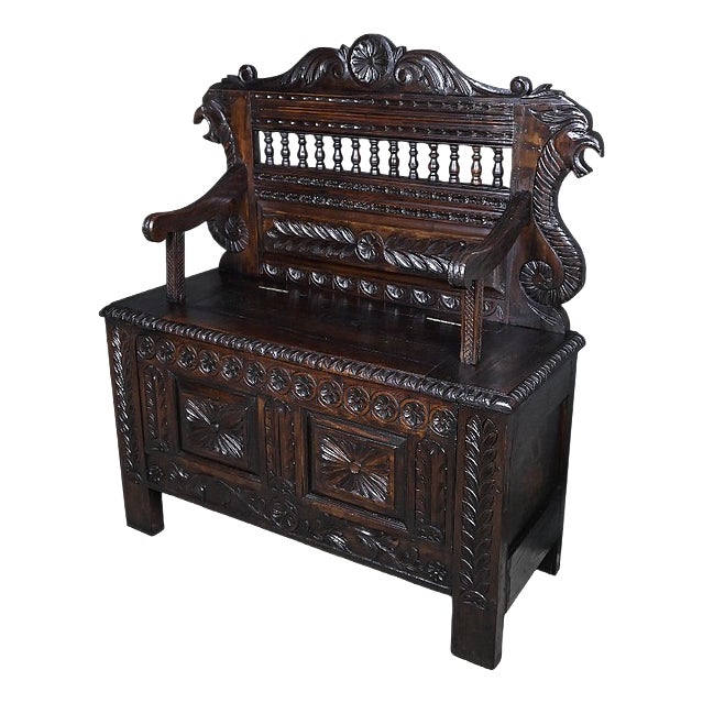 Neo-Gothic Style Storage Bench in Oak For Sale