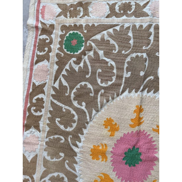 Textile Suzani Textile Wall Art - Neutral Tan Samarkand Embroidery 3'10'' X 5'3'' For Sale - Image 7 of 15