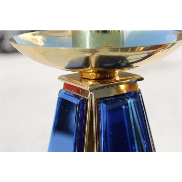 Gold-Plated Brass & Mirrored Glass Candelabras In Bevelled Cobalt Blue, 1950s, Set of 2 For Sale - Image 6 of 12