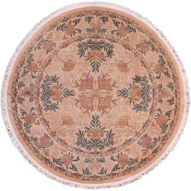 Floral 1990's Pak-Persian Tan/Green Wool Round Rug- 8'2'' X 8'2'' For Sale - Image 9 of 9