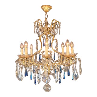 Vintage Venetian Rococo Style Crystal Chandelier Cobalt Blue and Clear Crystals For Sale