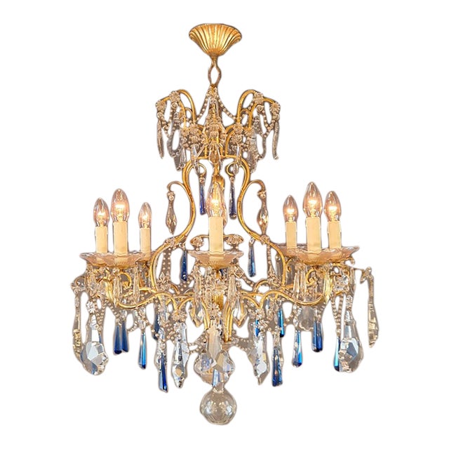 Vintage Venetian Rococo Style Crystal Chandelier Cobalt Blue and Clear Crystals For Sale