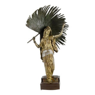 Early 20th Century Jugendstil Cold-Painted Bronze Sculpture of a Woman Holding a Palm Leaf by Franz Bergmann, Austria For Sale