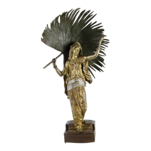 Early 20th Century Jugendstil Cold-Painted Bronze Sculpture of a Woman Holding a Palm Leaf by Franz Bergmann, Austria