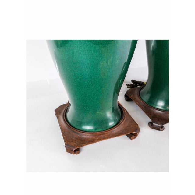 Chinese Large Pair of 19th Century Chinese Green Glazed Porcelain Vases Converted to Lamps For Sale - Image 3 of 8