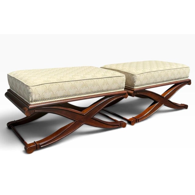 Contemporary Vintage X-Form Upholstered Ottomans With Nailhead Trim, Pair For Sale - Image 3 of 14