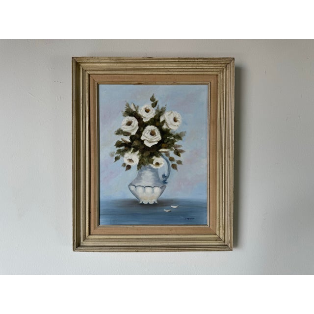 1970s Vintage J. Melvin Still Life of White Roses in a Vase Oil Painting, Framed For Sale - Image 5 of 12