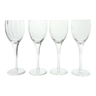 1940s Vintage Set of 4 Etched Flower Optic Wine, Water or All Purpose Glasses For Sale