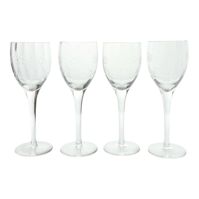 1940s Vintage Set of 4 Etched Flower Optic Wine, Water or All Purpose Glasses For Sale