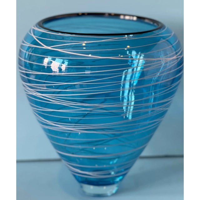 Art Glass Vase Blue With White Swirls For Sale In New York - Image 6 of 13
