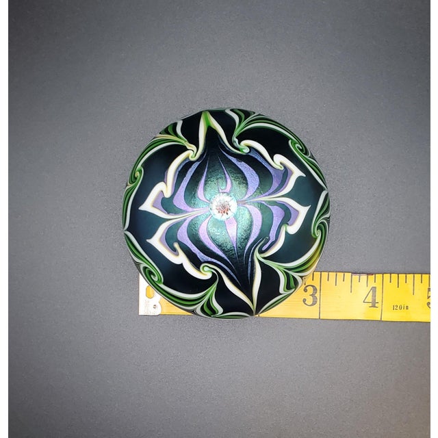 Orient & Flume Signed Flower Shield Art Glass Paperweight 1979 Iridescent Blue For Sale - Image 12 of 18