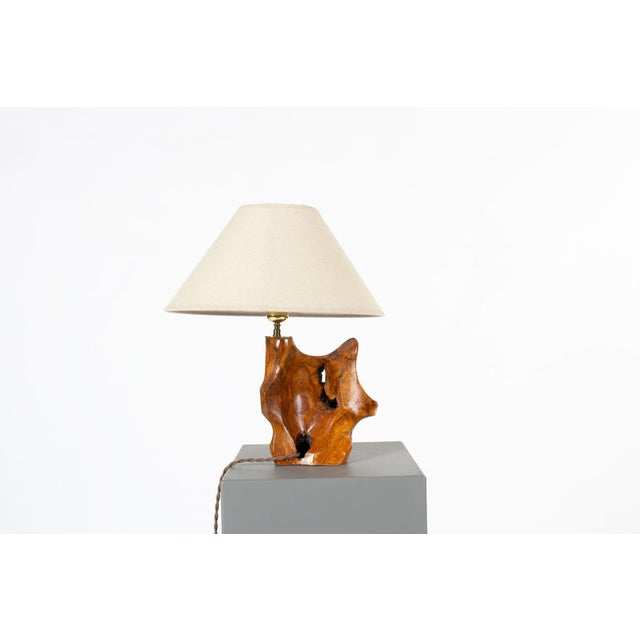 Brutalist Freeform Table Lamp in Hand-Carved Olive Wood, France, 1950s For Sale - Image 3 of 8