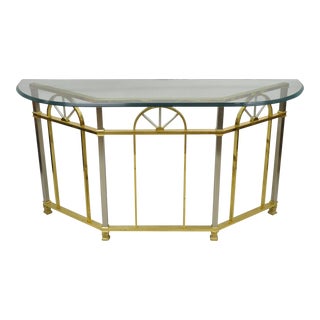 Late 20th Century Vtg Italian Hollywood Regency Brass and Steel Pinwheel Console Sofa Hall Table For Sale