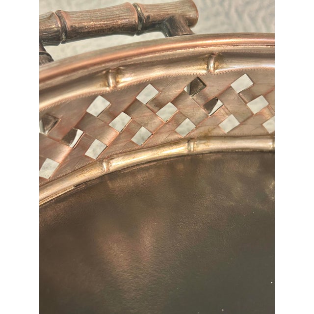 Silver Vintage Silver-Plated Over Copper Chinoiserie Faux Bamboo Woven Gallery Tray For Sale - Image 8 of 10