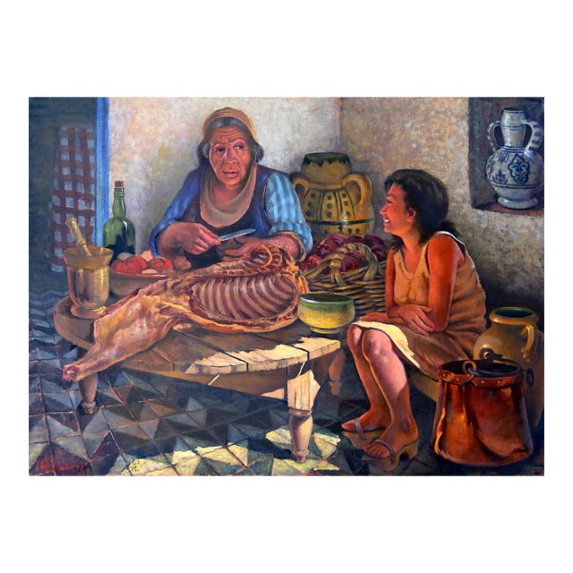 Preparing Food, Jalal Gharbi Oil on Canvas Painting For Sale