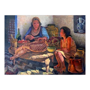 Preparing Food, Jalal Gharbi Oil on Canvas Painting
