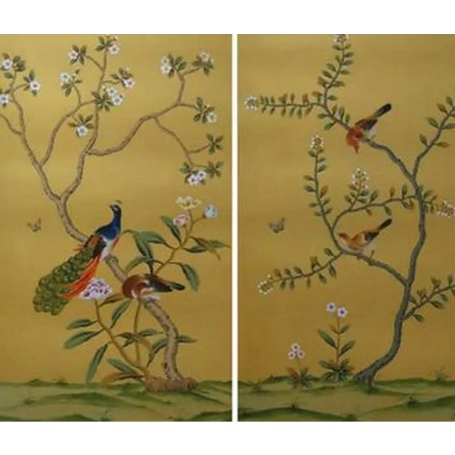 Gold Chinoiserie Garden Mural | 2-Panel Hand-Painted Floral Bird Art Set For Sale - Image 4 of 6