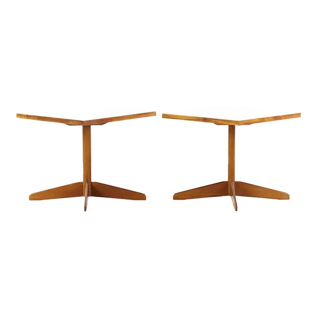 Edward Wormley Style Mid Century Walnut and White Laminate End Tables - Pair For Sale