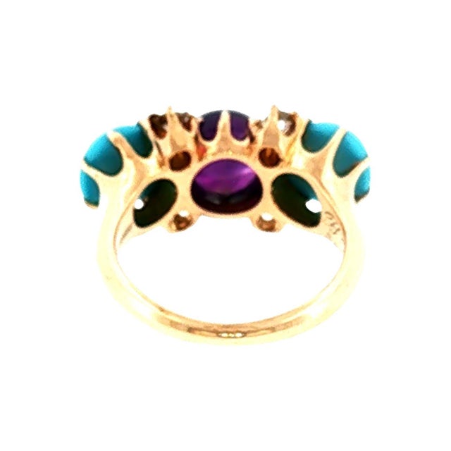 Victorian Late 19th Century Victorian 10k Yellow Gold Amethyst, Turquois and Diamond Ring, Size 5.75 For Sale - Image 3 of 4