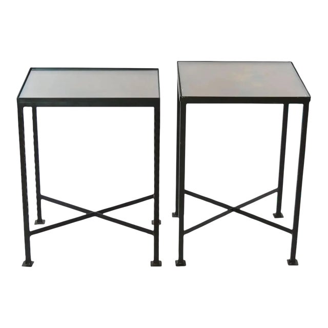 Vintage Wrought Iron / Painted Wood Top Side Tables For Sale