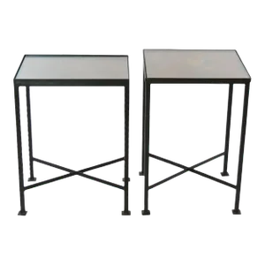 Vintage Wrought Iron / Painted Wood Top Side Tables