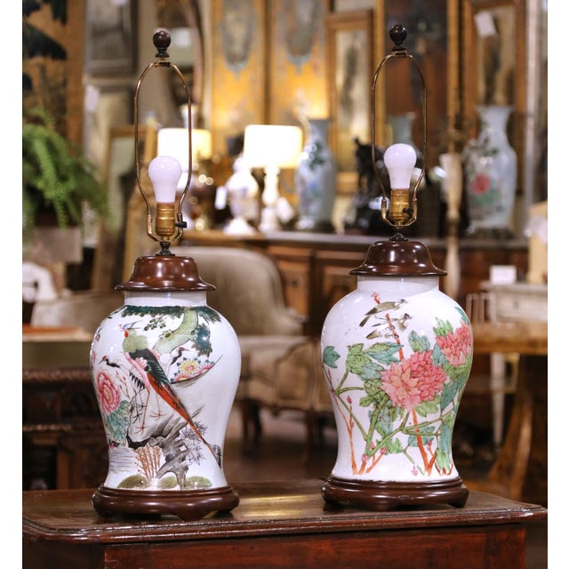 Pair of Mid 20th Century Chinese Famille Rose Porcelain Lamps With Birds, Flowers and Calligraphy For Sale - Image 4 of 14
