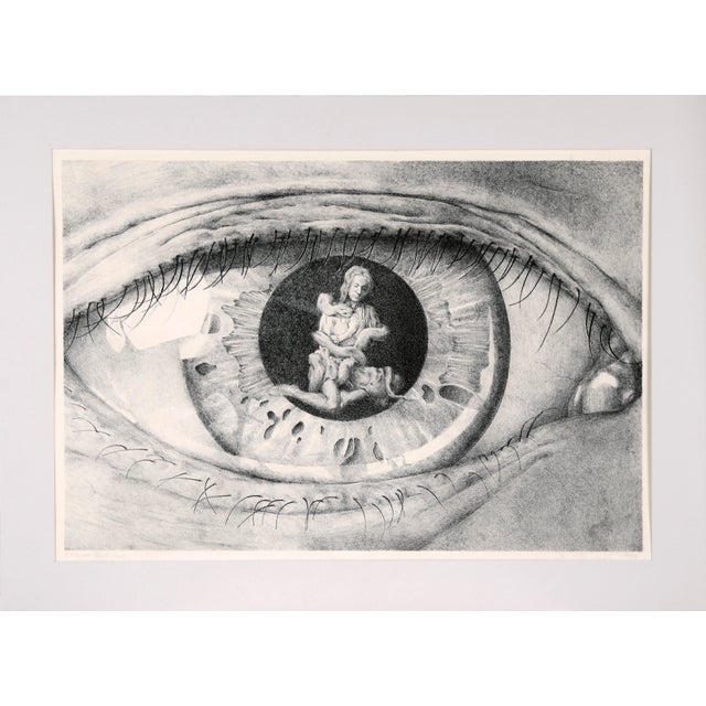 Detailed and vivid close-up of an eye with a reflection by an unknown artist (American, 20th Century). In the reflection...