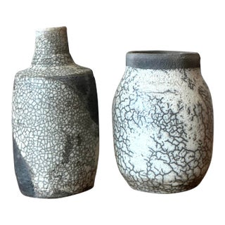 Vintage Boho Original Crackle Finish Studio Pottery Vases - Set of 2 For Sale