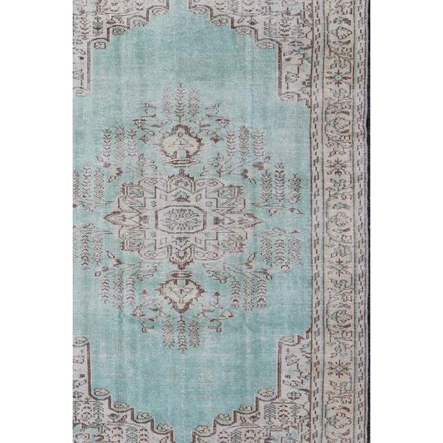 Keivan Woven Arts, En-140205, Vintage Oushak Rug with Aqua Color Background and Brown Highlights. This Turkish Oushak rug...