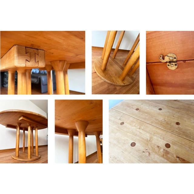 1970s Round Post Modern Brutalist MCM Beech Dining Table + 6 Chairs, 9 Pcs Set For Sale - Image 14 of 16