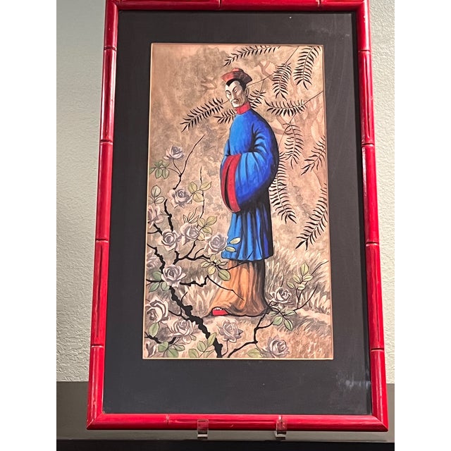 Vintage Mid Century Chinoiserie Pair Framed Prints D. Voaguest Red Faux Bamboo 24" For Sale - Image 12 of 12