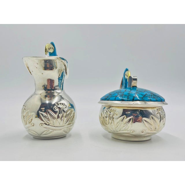 1960s Fajardo Taxco Silver Plate Brass Lapis Toucan Creamer Sugar Tray Set - 3pcs For Sale - Image 14 of 18