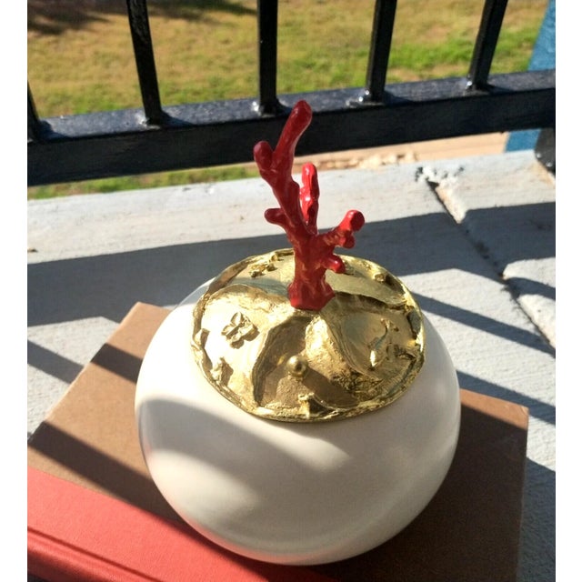 Red Coral, Hand-Carved Gold Plate Lidded Round Ceramic Box France For Sale - Image 4 of 10