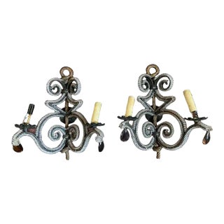 Italian Crystal & Brass Rope Frame Sconces - A Pair For Sale