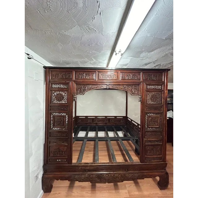 Chinese Antique Chinese Traditional Qing Dynasty Hand Carved Bed All Original Pieces For Sale - Image 3 of 12