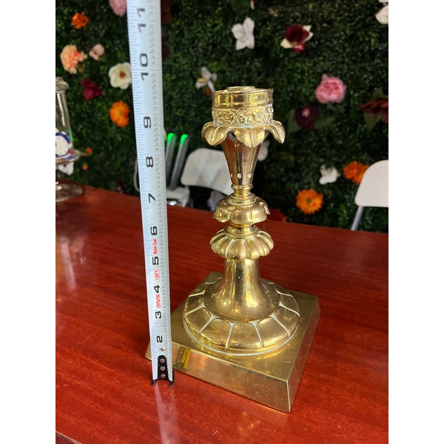 Metal Large Brass Vintage Candlestick Holder With Leaf Accents For Sale - Image 7 of 7