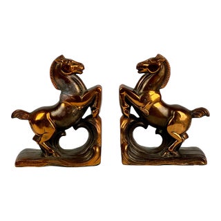 Pair of 1920s Art Deco Copper Horses Bookends For Sale