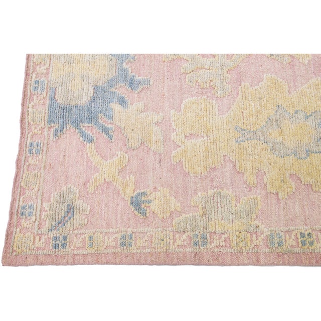 Modern Oushak Style Handmade Floral Motif Light Pink Wool Rug For Sale - Image 4 of 11