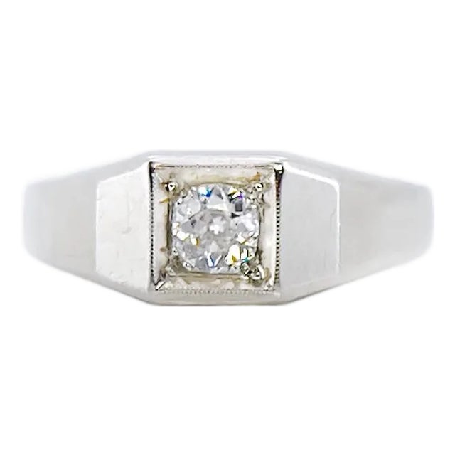 Art Deco 14k White Gold Old European Cut Diamond Ring, Size 7.75 For Sale