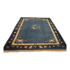 Classic Blues and Creams Open Field Dragon Medallion Antique Chinese Peking Rug