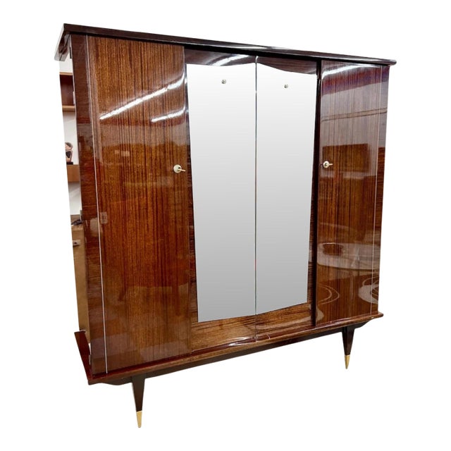 French Designer Armoire, Mahogany, Brass, France, 1950s For Sale