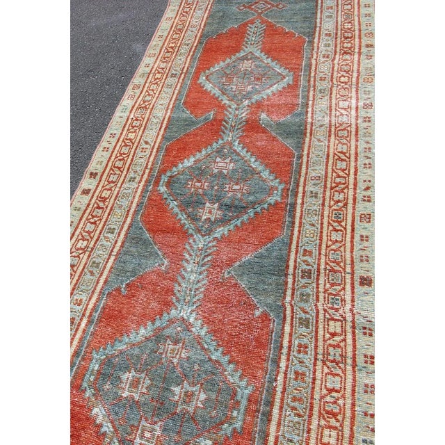 Antique Persian Serab With Tri-Medallion Geometric Design in Red and Steel Blue 2'8 X 9'6 For Sale - Image 4 of 11