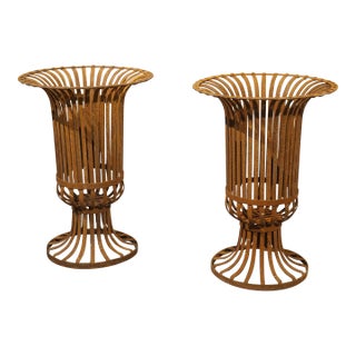 Pair of Vintage Weathered Iron Basket Form Urns From France, 20th Century For Sale