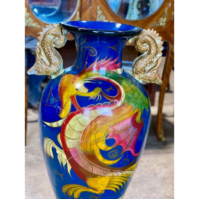 Vintage Chinese Large Ceramic Cobalt Blue Floor Vase W/ Painted Dragon Motif Chairish