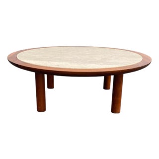 Edward Wormley Mid Century Modern Round Walnut Coffee Table With Italian Travertine Top For Sale