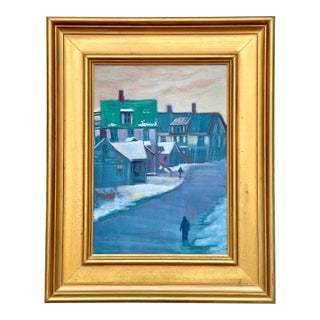 Late 20th Century Expressionist Oil on Board Painting of a Town in Winter. Signed, Framed. For Sale