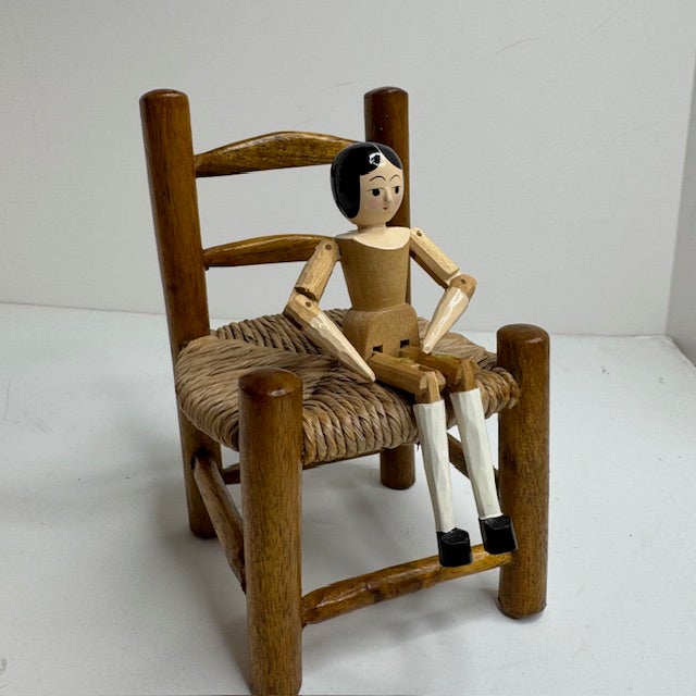 Vintage Eric Horne Co. Wooden Peg Doll in a Rush-Seat Chair, Made in Usa For Sale - Image 15 of 15